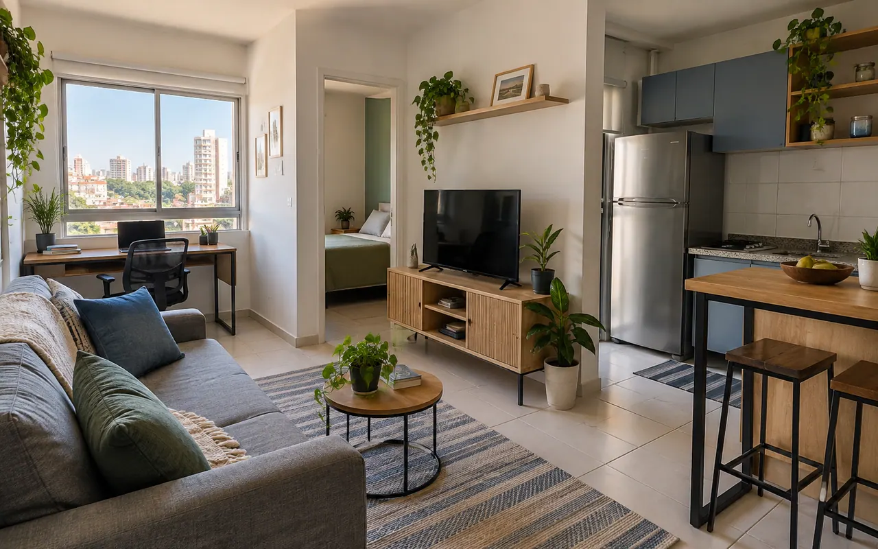 Sala compacta com cozinha integrada e mesa de trabalho junto à janela