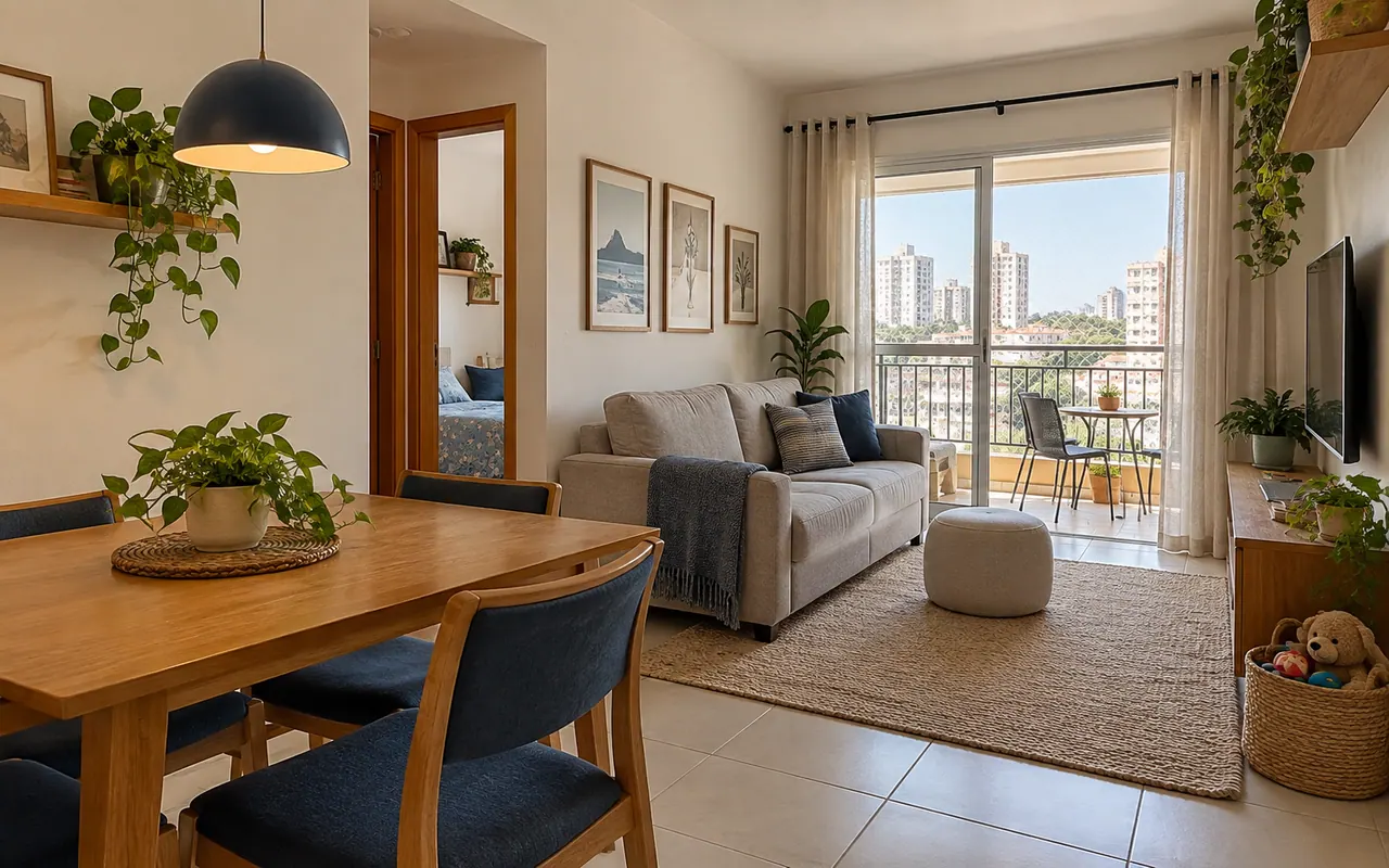 Sala familiar com mesa de jantar e varanda iluminada