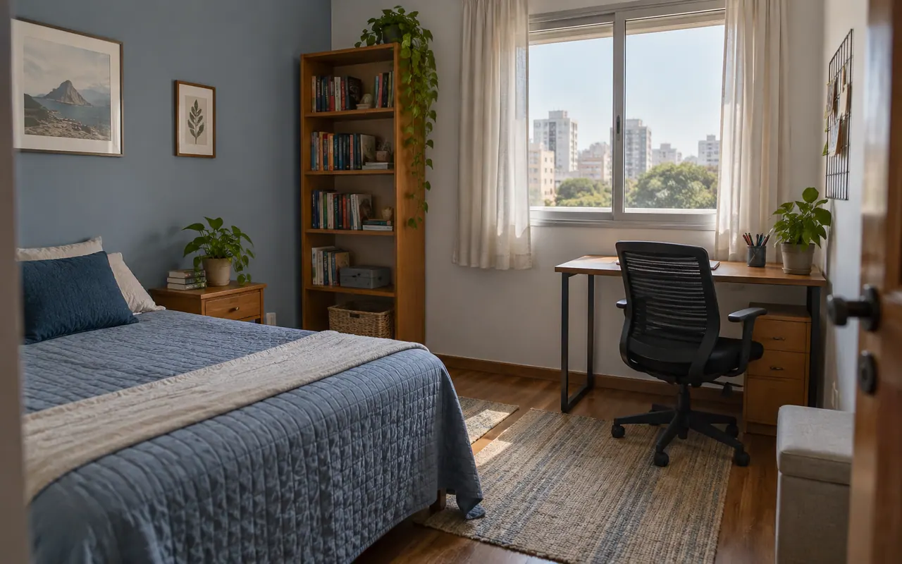 Quarto com mesa de trabalho, estante e janela ampla