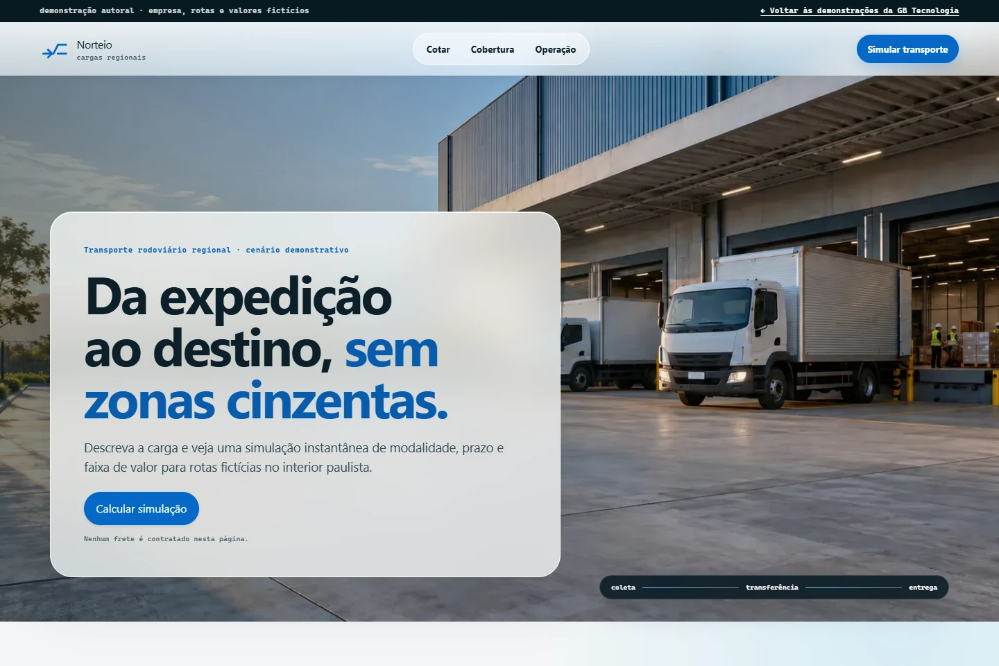 Tela da Norteio Cargas com apresentação logística e acesso à simulação de frete